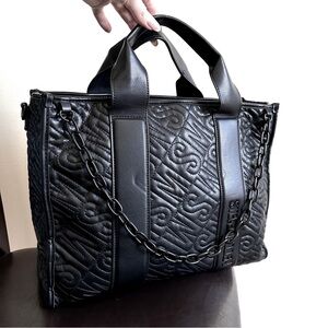 Steve Madden Webber Extra Large black tote bag with a quilted logo pattern